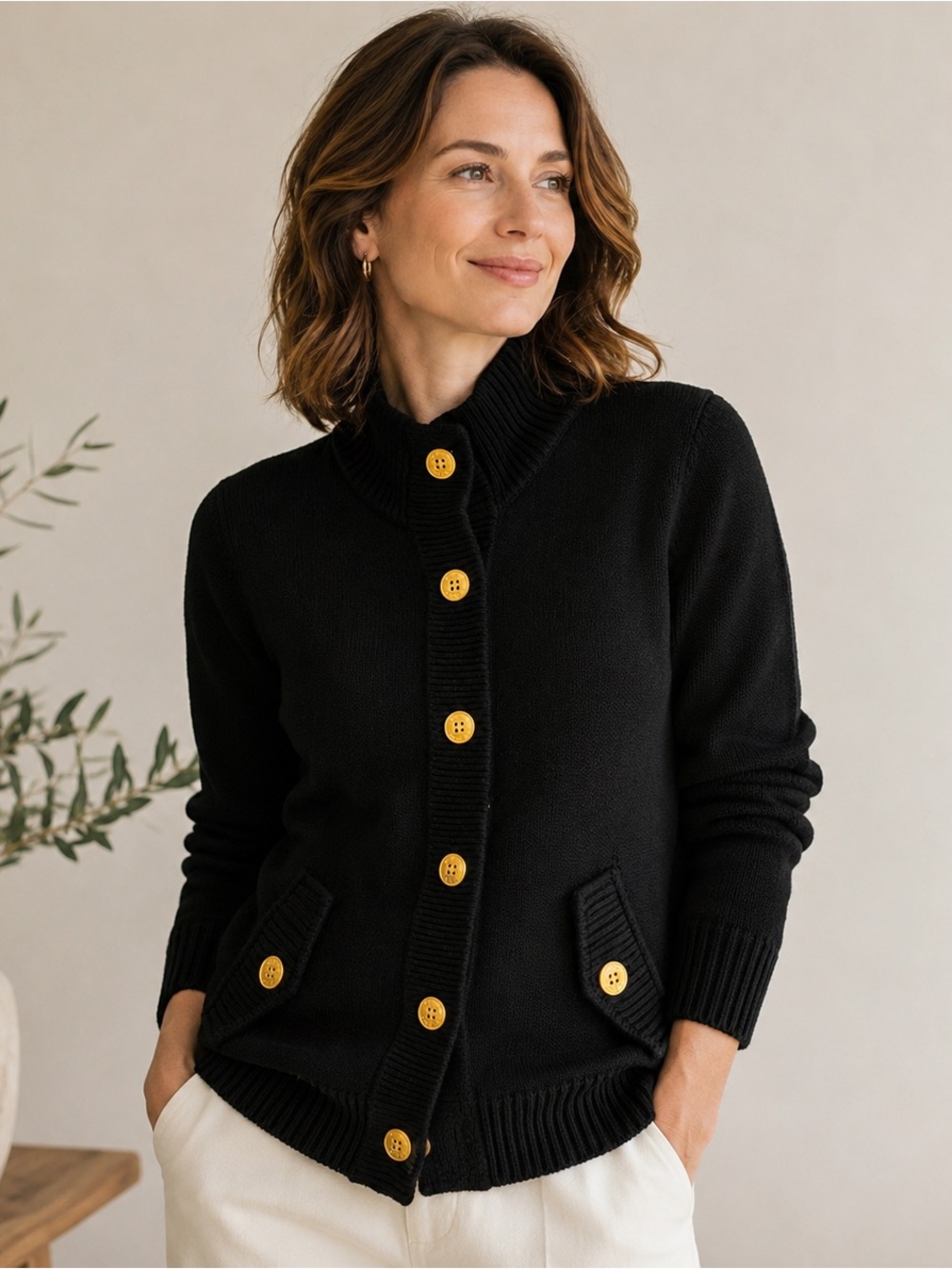Lauren Ralph Lauren Black Cotton Knit Cardigan Sweater Gold Crest Buttons M